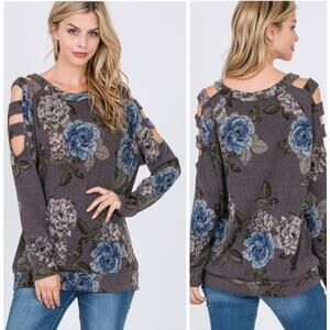 2/$30 ee:some Ladder Cut Cold Shoulder Sweater Gray Floral Pullover Size S